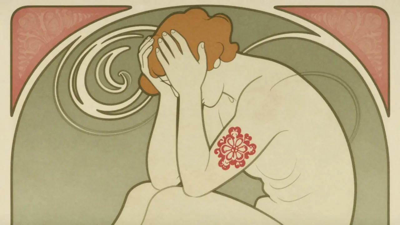 A stylized person sitting down looking unwell with abstract lines around them.