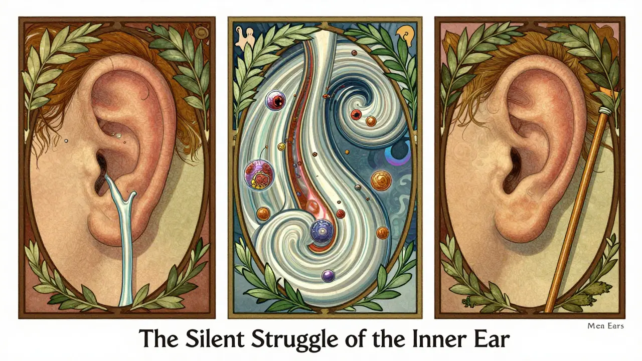 A three-panel illustration showing the progression of Meniere’s disease from health to damage, in Art Nouveau aesthetic.