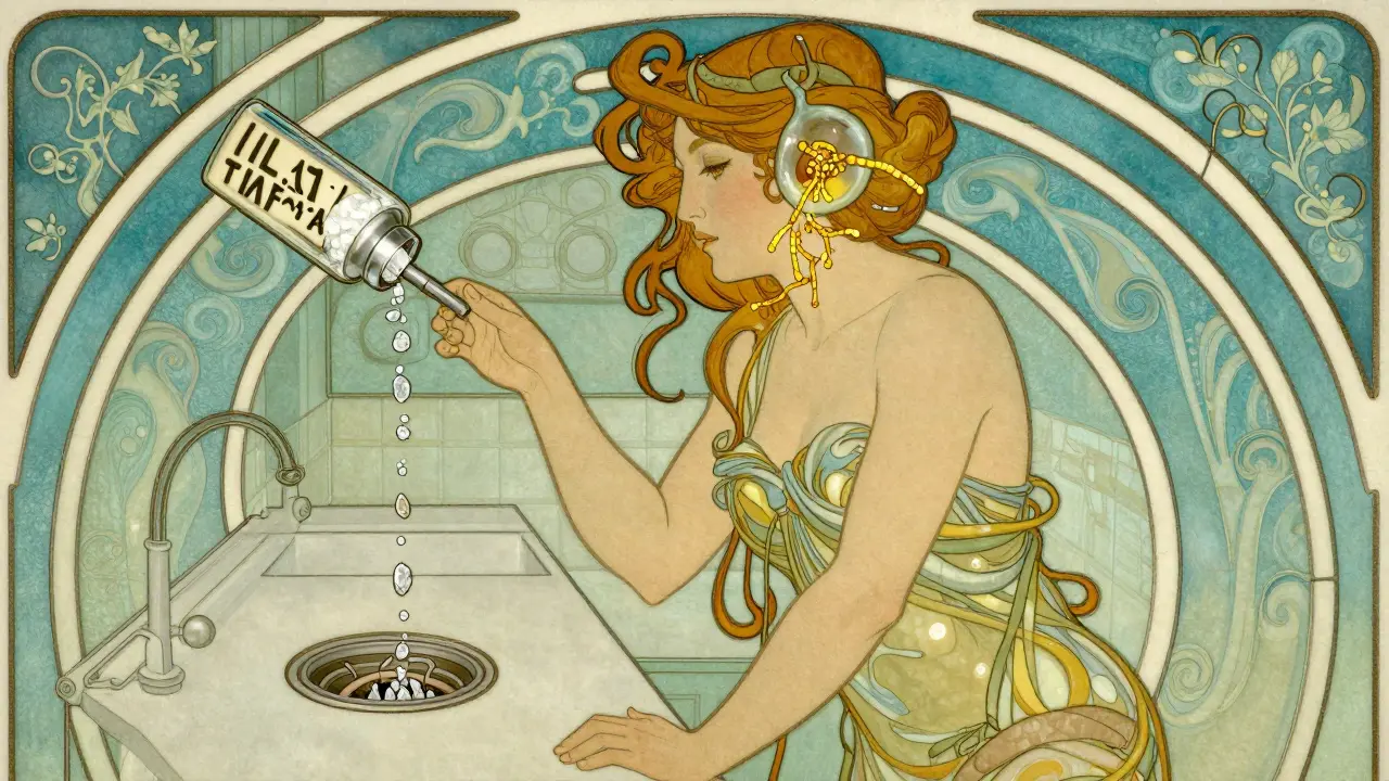 A woman experiencing vertigo as swirling room patterns and inflammatory threads emanate from her ear, in vintage poster style.