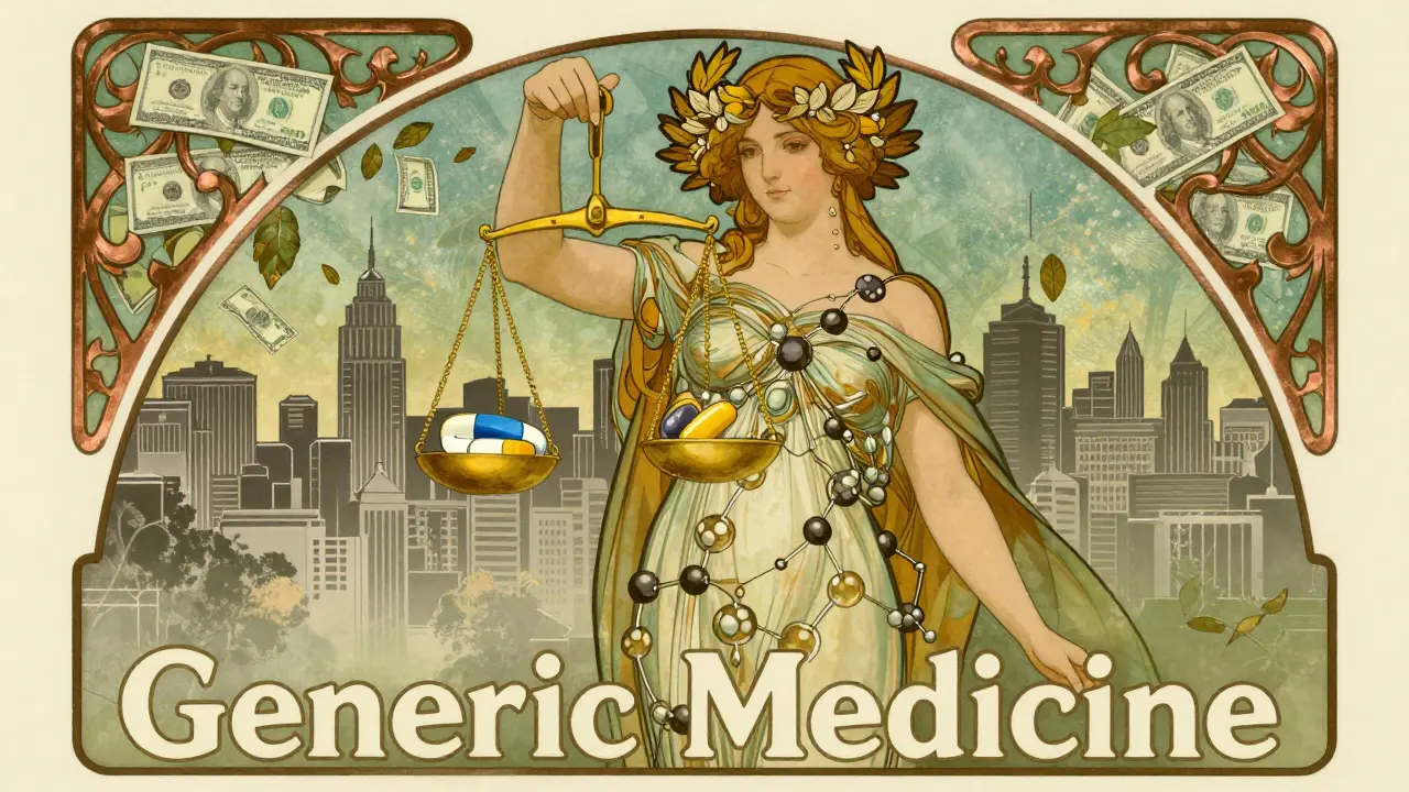 A woman personifying generic medicine balances brand and generic pills on a golden scale, with dollar bills turning to leaves in a flowing Art Nouveau design.