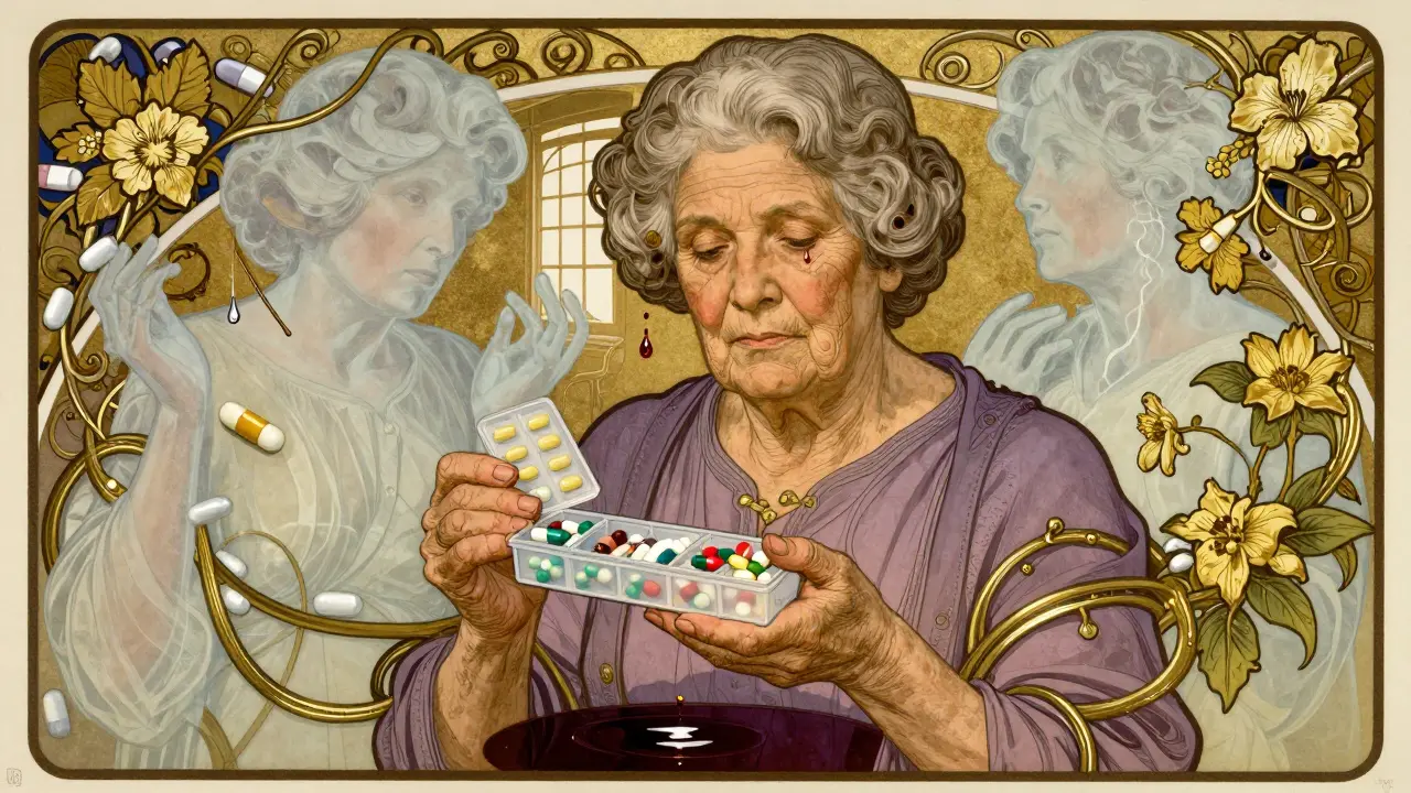 An elderly woman holding a pill organizer, with ghostly drug figures looming behind her in swirling Art Nouveau vines.