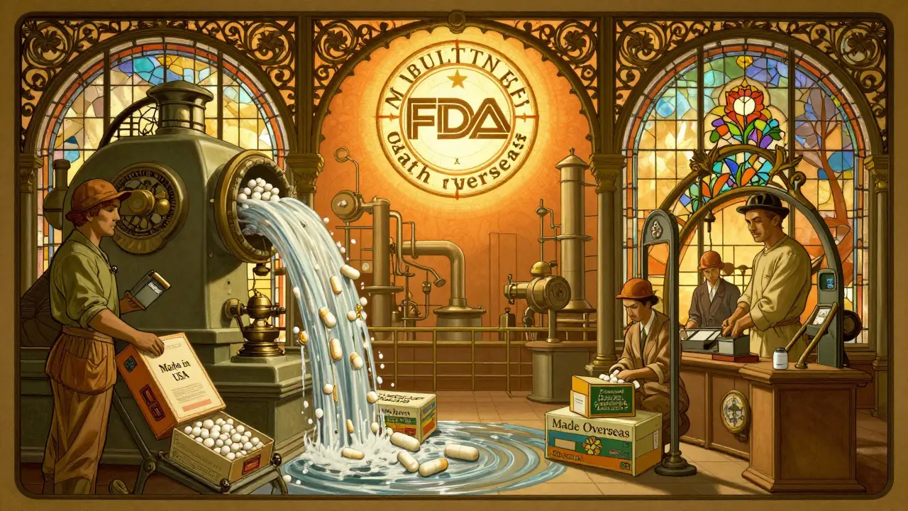An ornate factory producing pills with glowing FDA seal above, workers monitoring machines in Art Nouveau industrial style.