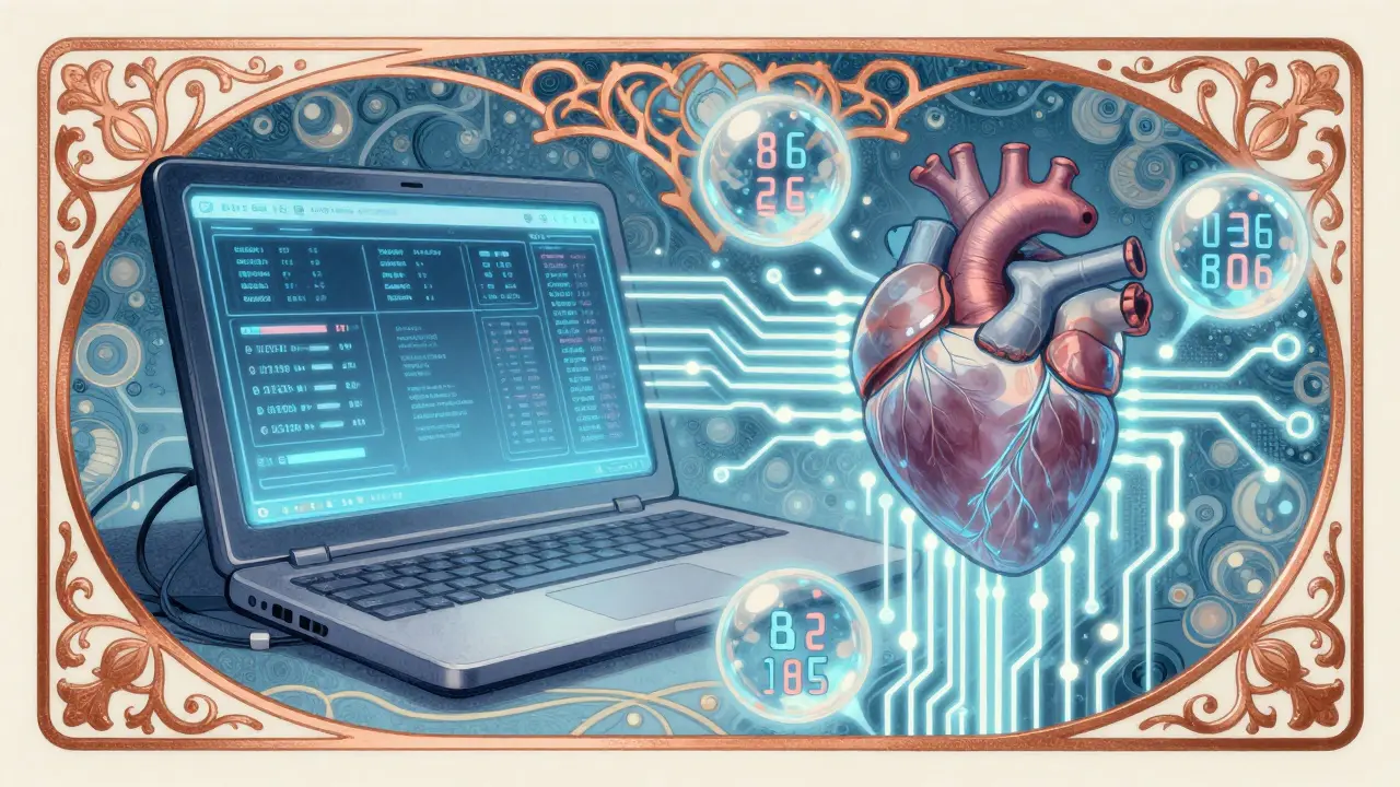 Digital health tool interface merged with organic art nouveau design patterns