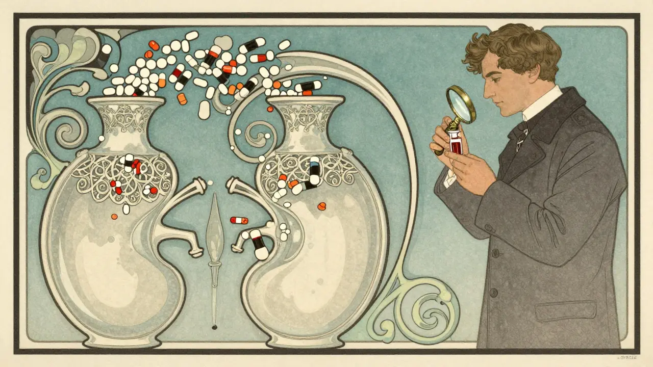 Elegant kidney filters overwhelmed by pills and dye, in vintage Art Nouveau medical poster style.