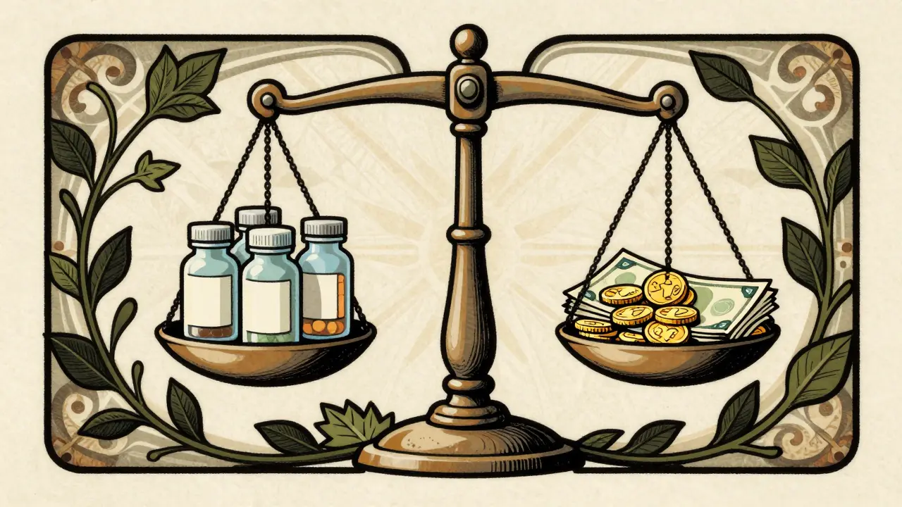 Medicine vials balanced against coins on ornate scales showing cost confusion