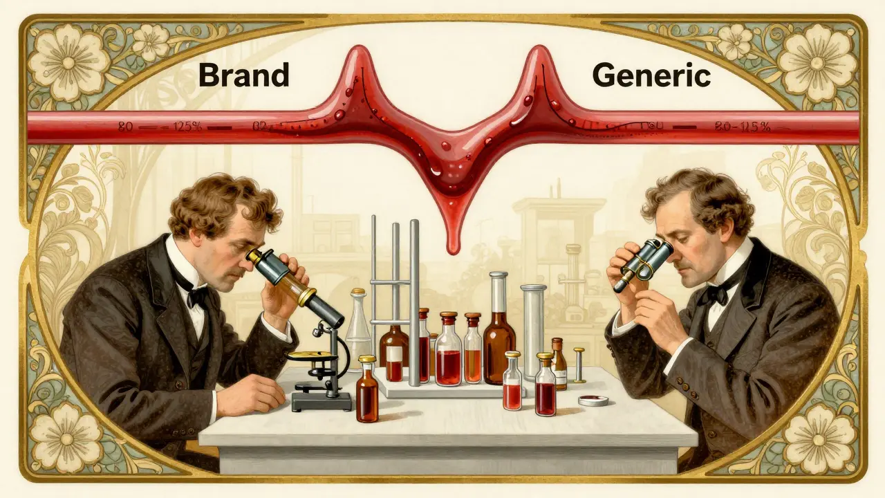 Scientists in vintage attire examining vials with two identical bloodstream curves above them, framed by floral Art Nouveau patterns.