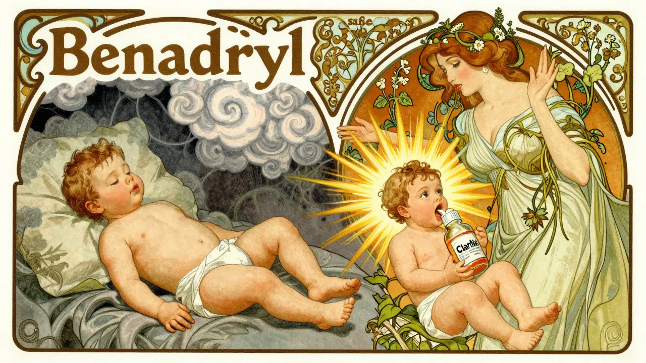 Two infants side by side: one drowsy from Benadryl, the other alert beside Claritin, with protective maternal imagery.