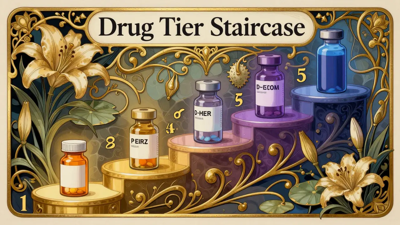 A conceptual gilded staircase representing different prescription drug cost tiers.