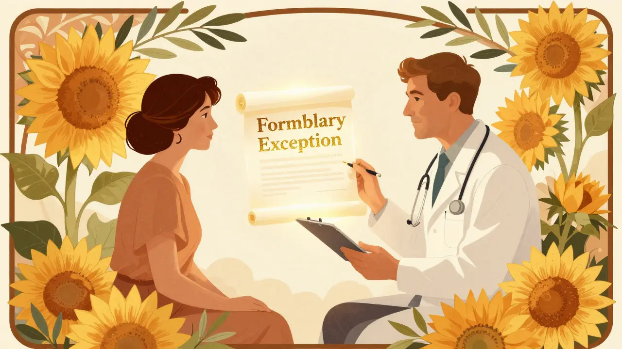 A doctor and patient reviewing a medical exception request to lower drug costs.