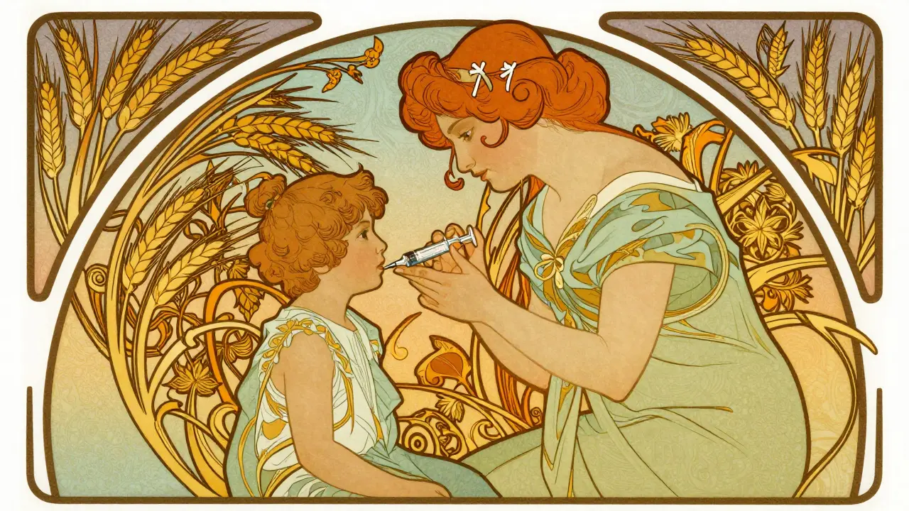 A parent giving liquid medicine to a child in an elegant Art Nouveau botanical frame.