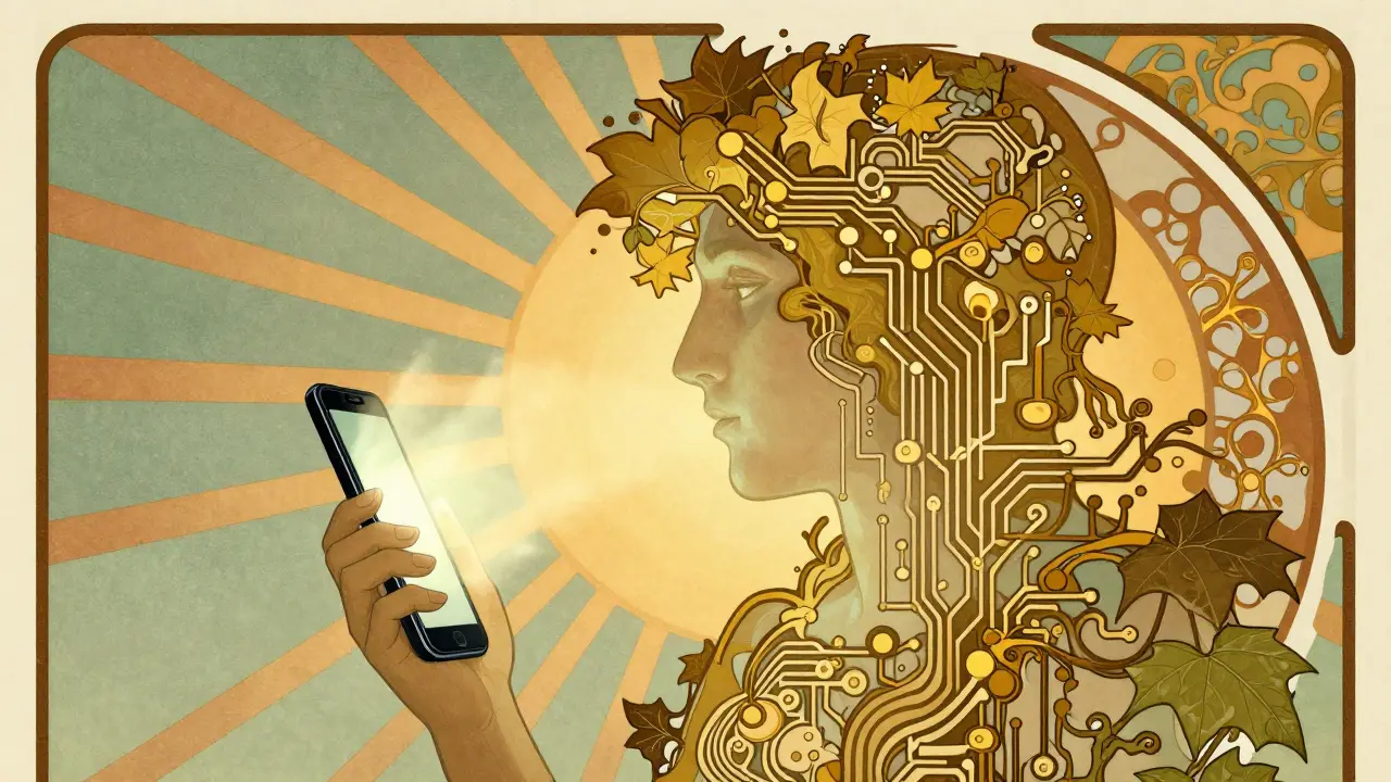 A profile of a person blended with digital nodes and nature in Art Nouveau style