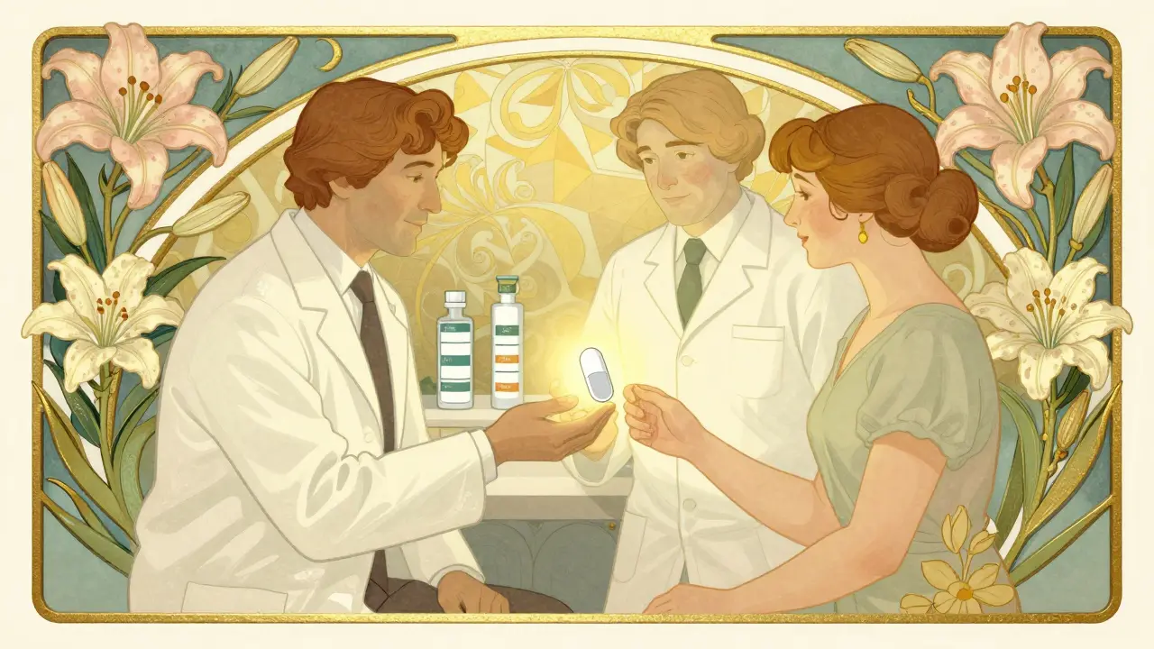 A psychiatrist and pharmacist helping a patient in a stylized Art Nouveau setting
