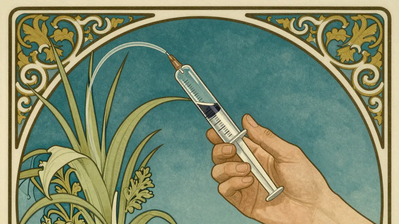 Art Nouveau art showing a hand with a glass syringe and elegant decorative borders.