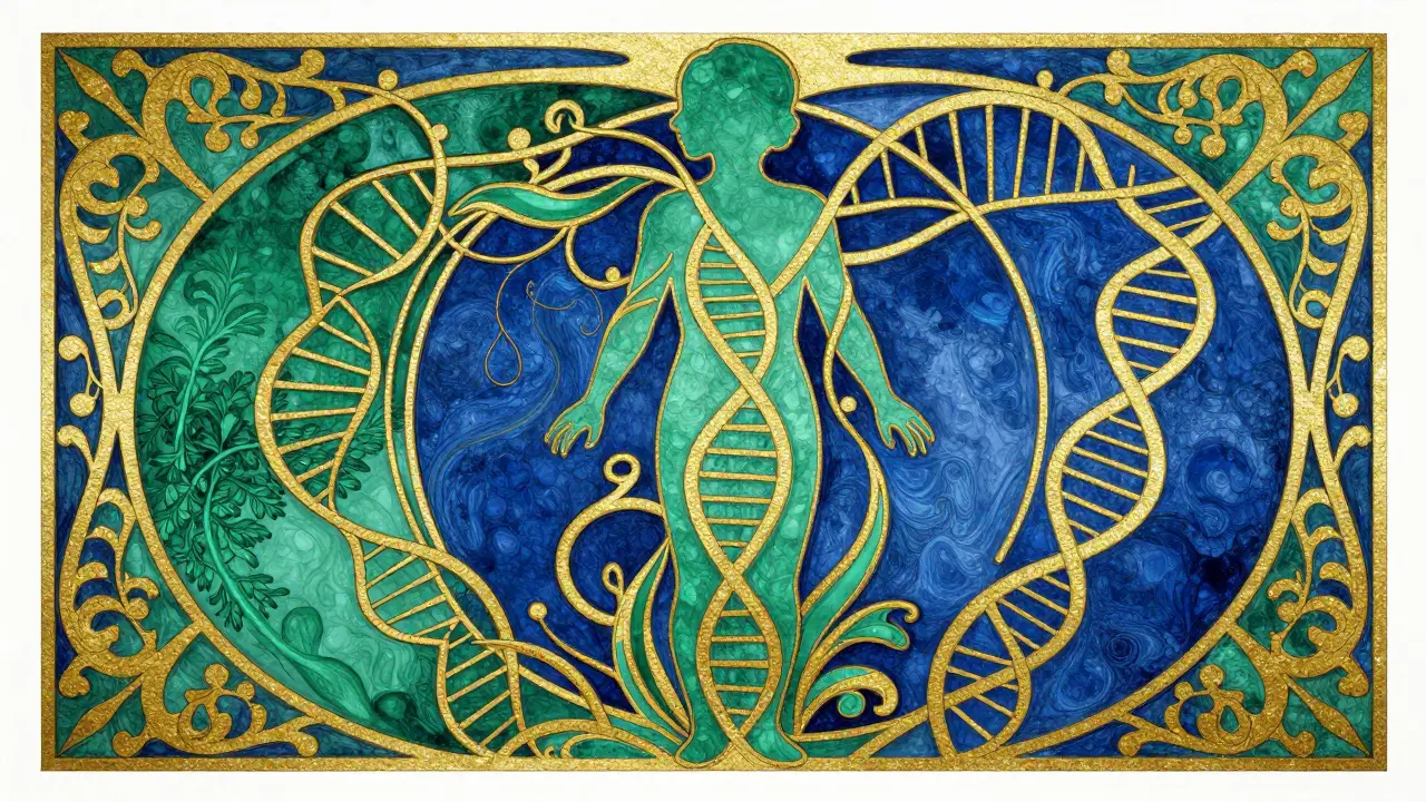 Art Nouveau depiction of a silhouette with DNA spirals and flowing botanical lines.