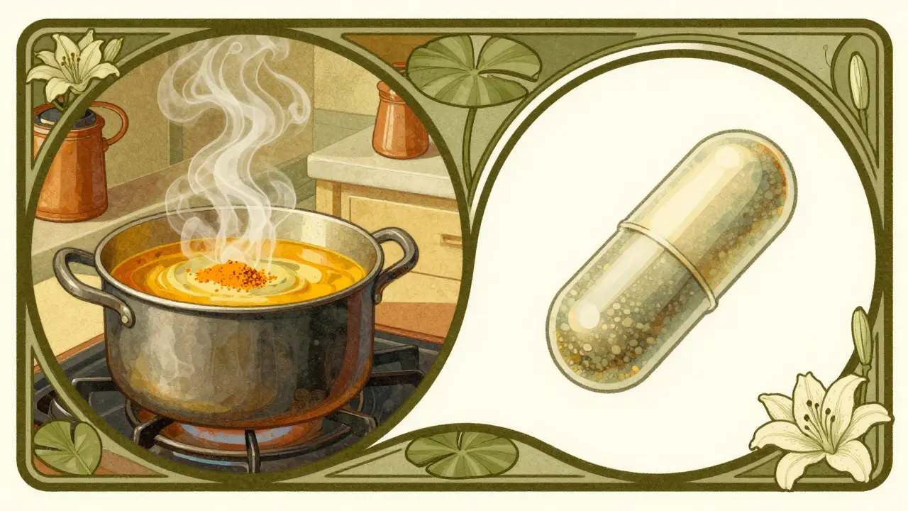 Art Nouveau illustration contrasting turmeric in cooking versus concentrated supplement capsules.