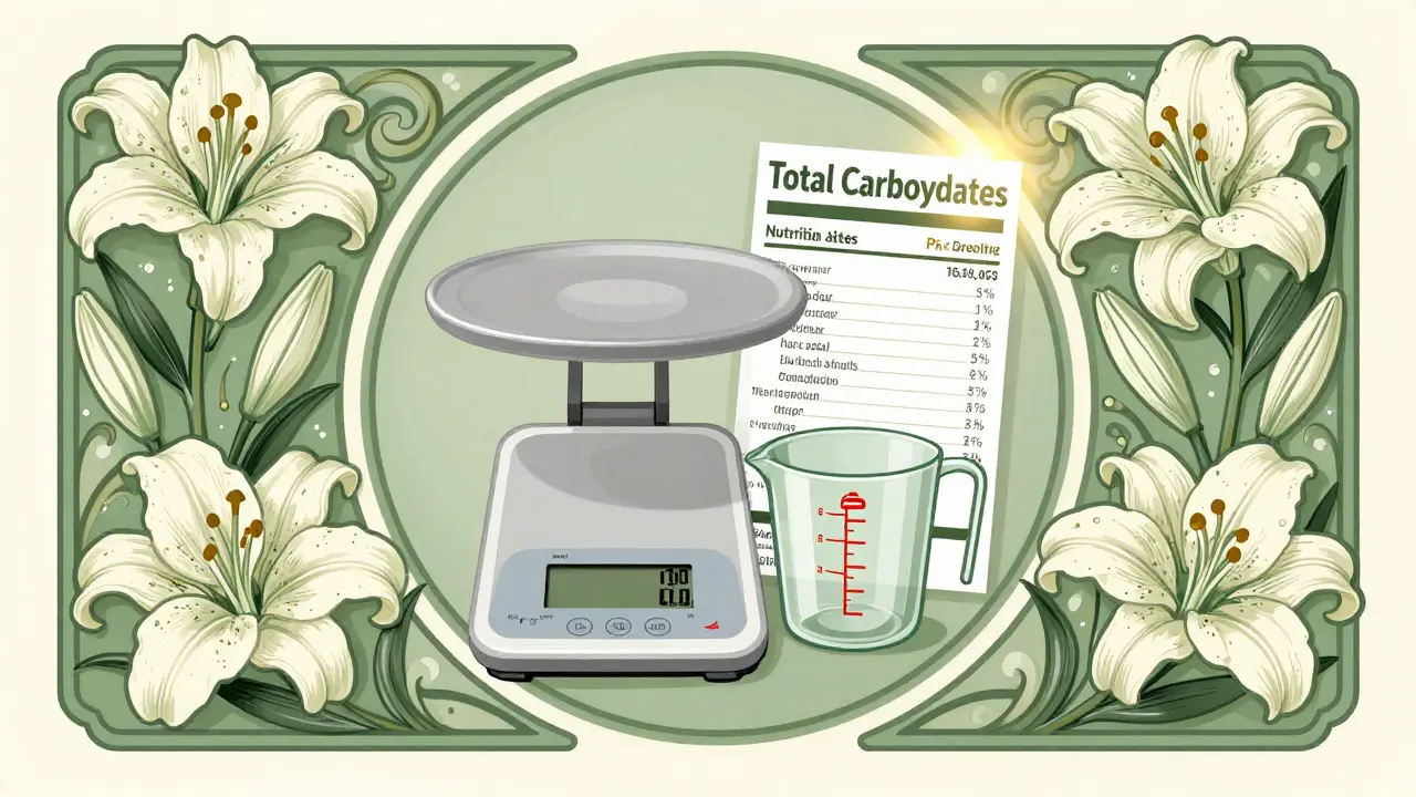 Art Nouveau illustration of a food scale and measuring cup framed by decorative vines