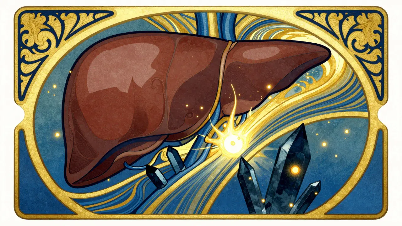 Conceptual Art Nouveau illustration of curcumin and piperine interacting in the bloodstream.