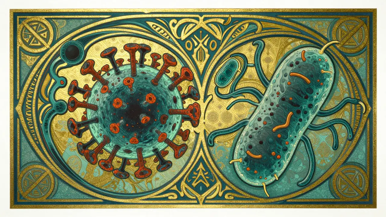 Decorative Art Nouveau illustration showing the visual difference between viruses and bacteria.