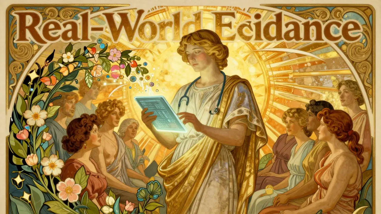 Healthcare provider using a glowing tablet to bring health and floral growth to patients.