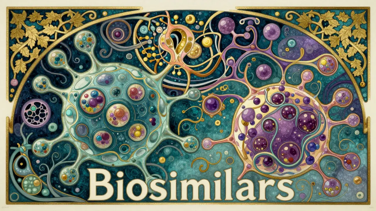 Intricate mosaic of biological cells and proteins illustrating biosimilar medications.