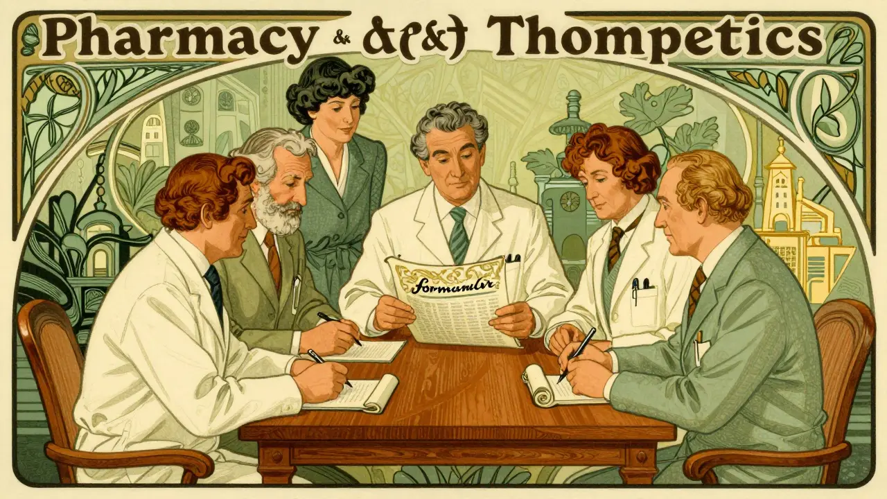 Medical professionals discussing a medication formulary in a stylized Art Nouveau setting