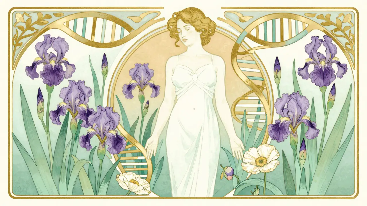 Peaceful figure in a decorative Art Nouveau garden with a gold DNA helix in the border.