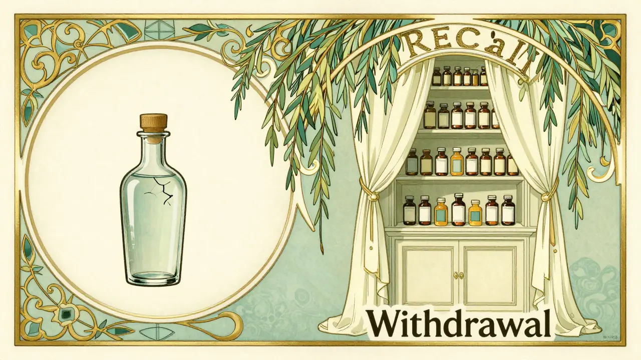 Split illustration showing a single cracked bottle versus a curtain closing over a pharmacy shelf.