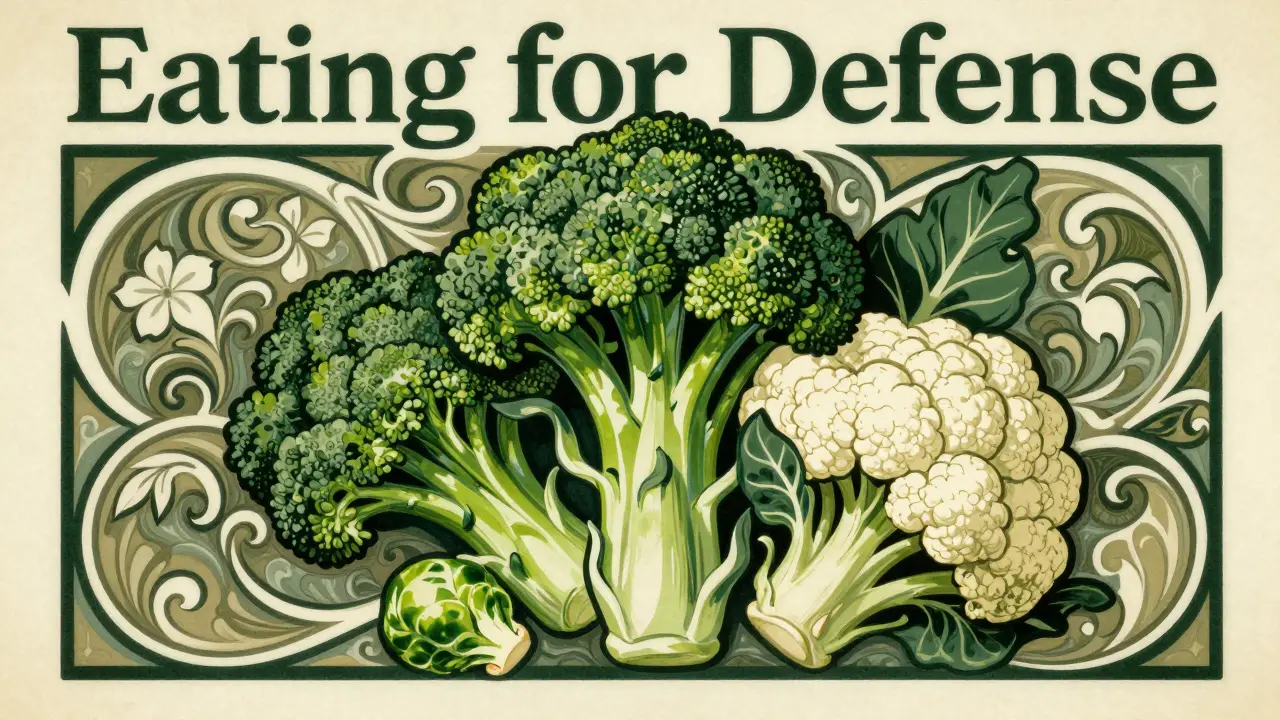 Stylized Art Nouveau arrangement of broccoli and cauliflower with elegant swirls