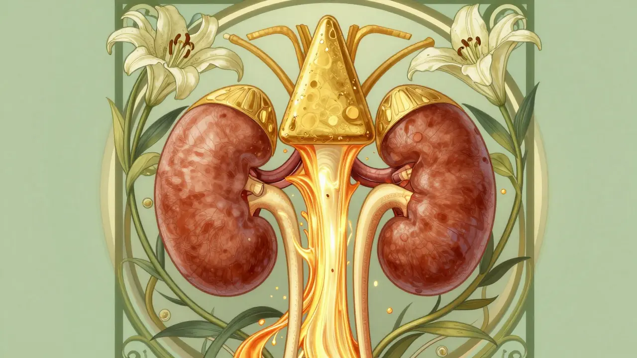 Stylized Art Nouveau illustration of adrenal glands releasing golden energy into the body.