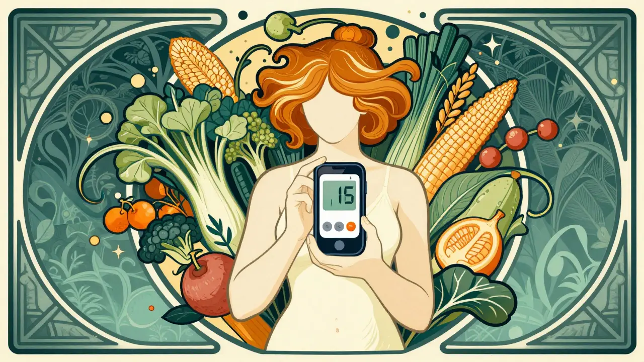 Stylized figure using a glucose tracking app surrounded by a swirl of healthy foods