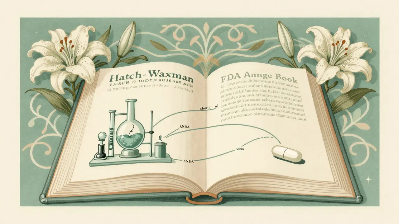 Stylized open FDA Orange Book with floral vines representing the generic drug approval process.