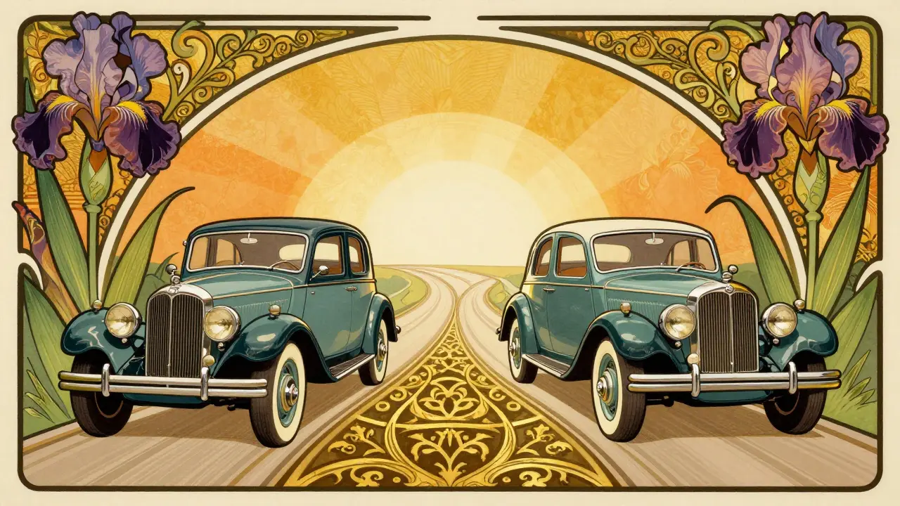 Two different vintage cars traveling the same path toward a destination in Art Nouveau style
