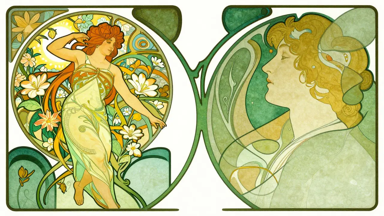Art Nouveau artwork depicting health, movement, and improved sleep outcomes.