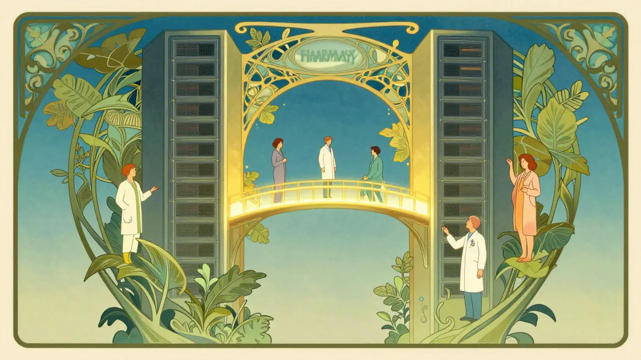 Art nouveau depiction of connected pharmacy systems and data flow