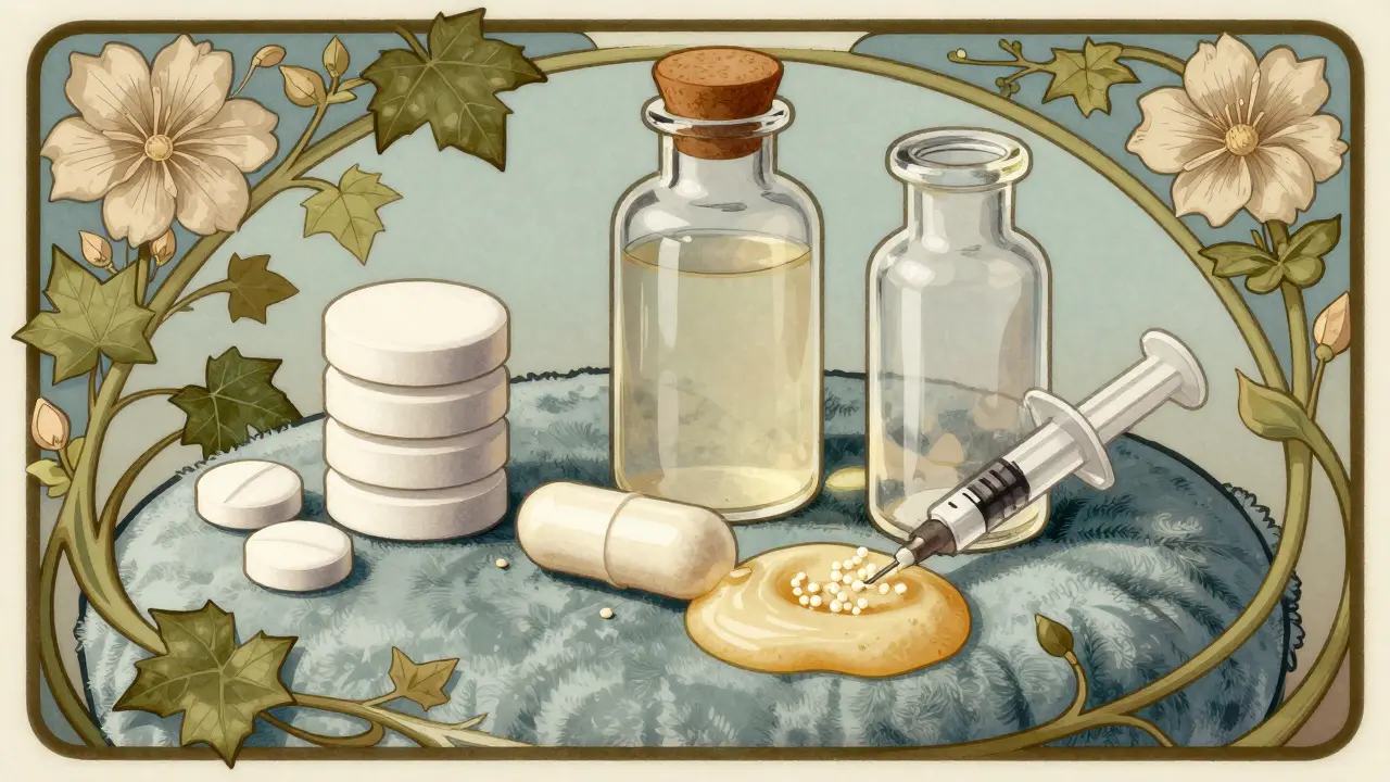 Art Nouveau illustration of tablets, capsules, and liquid medication forms