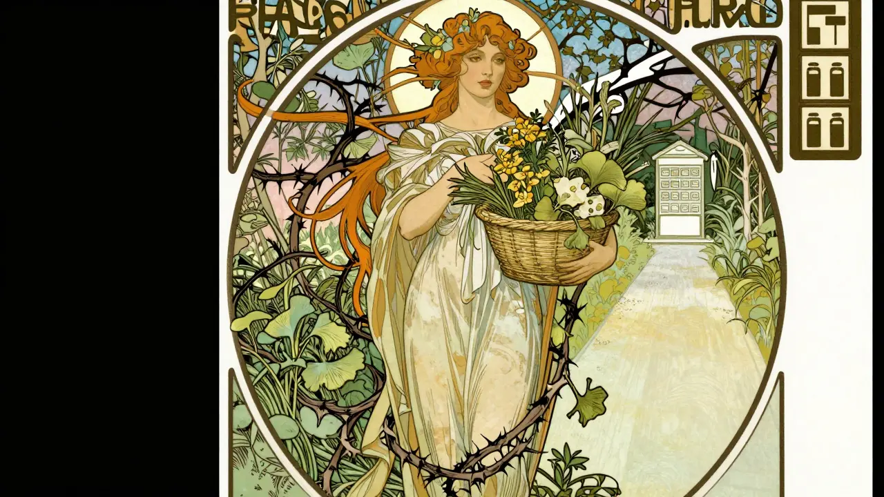 Art Nouveau image showing dangerous herbal supplements entangling a patient with thorny vines.