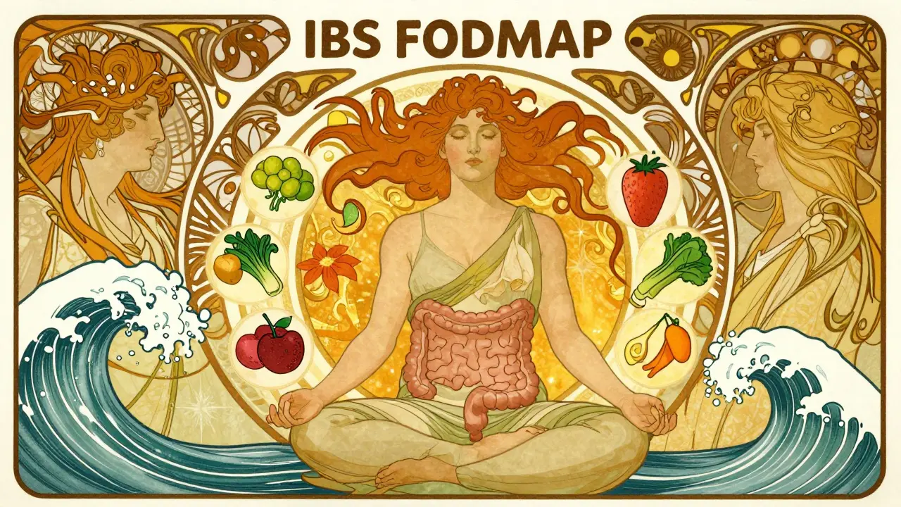 Art Nouveau poster showing meditation, diet, and holistic IBS relief