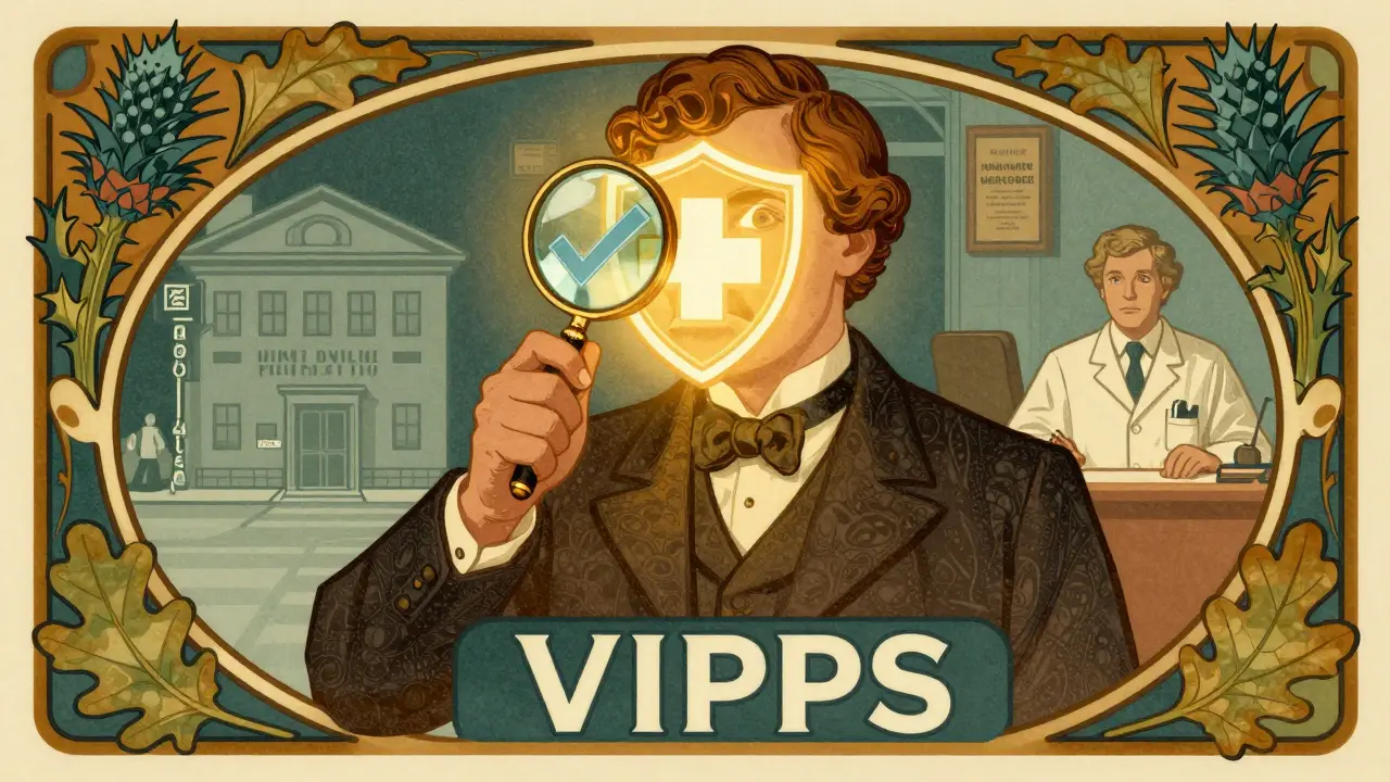 Art Nouveau style graphic showing verification seal for safe online pharmacies