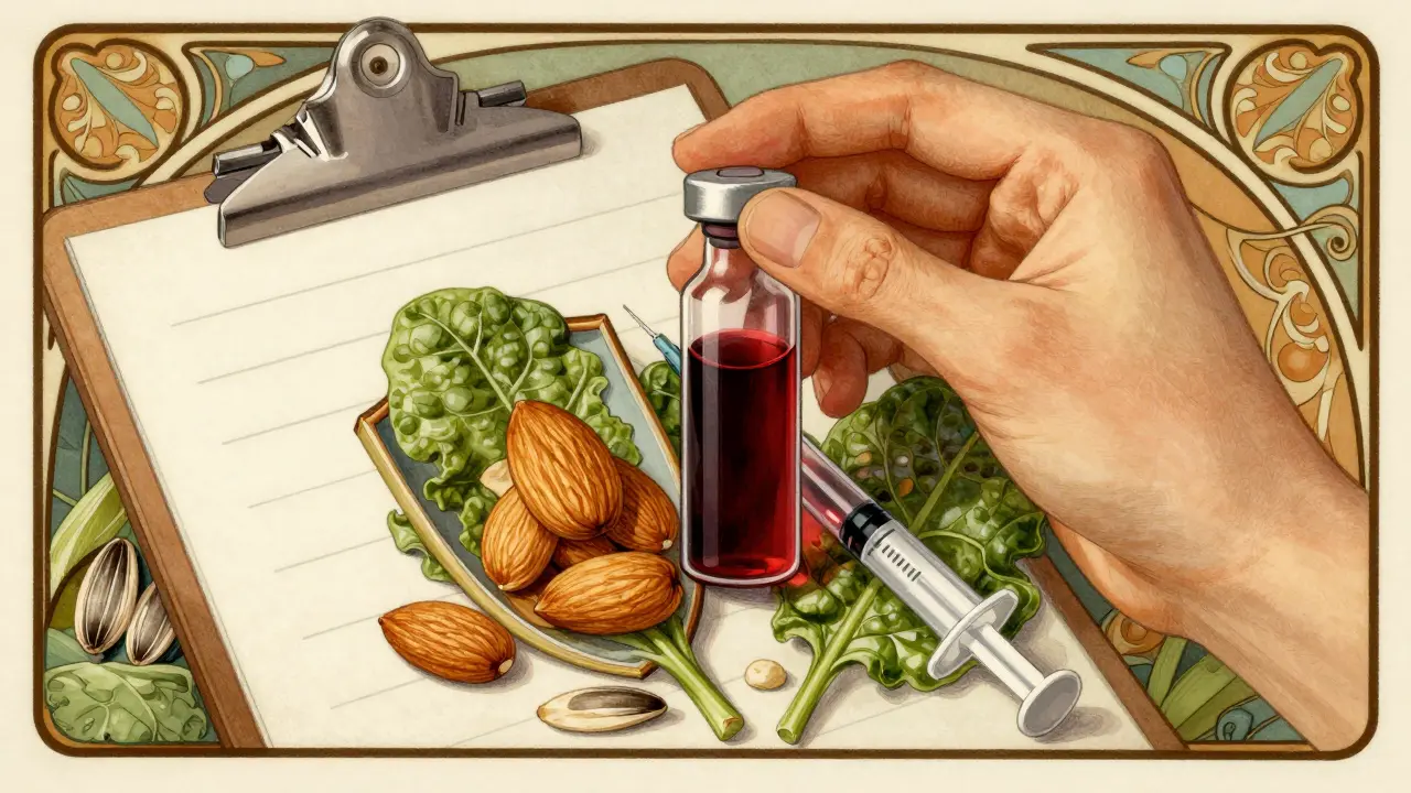 Decorative illustration of blood sample vials surrounded by protective nuts and seeds in art nouveau style.