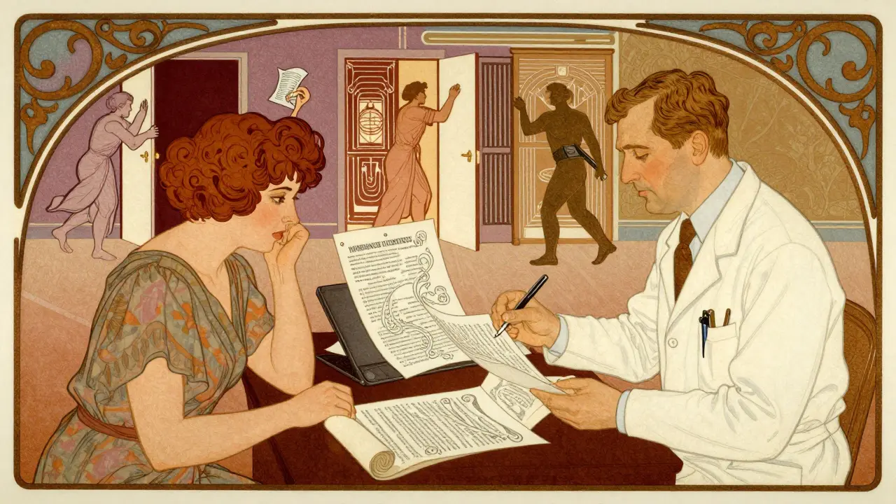 Doctor and patient reviewing appeal paperwork in Art Nouveau illustration