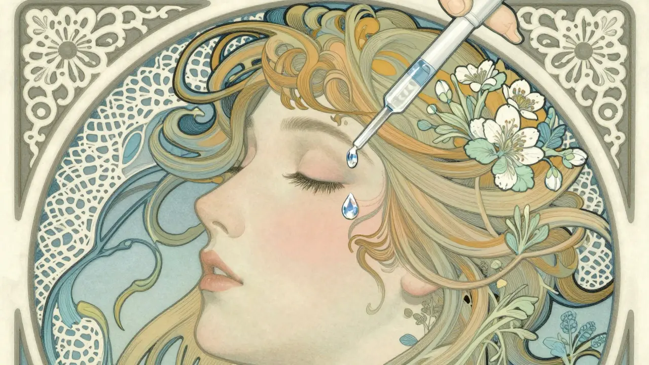 Elegant Art Nouveau profile showing a single eye drop falling onto a closed eye