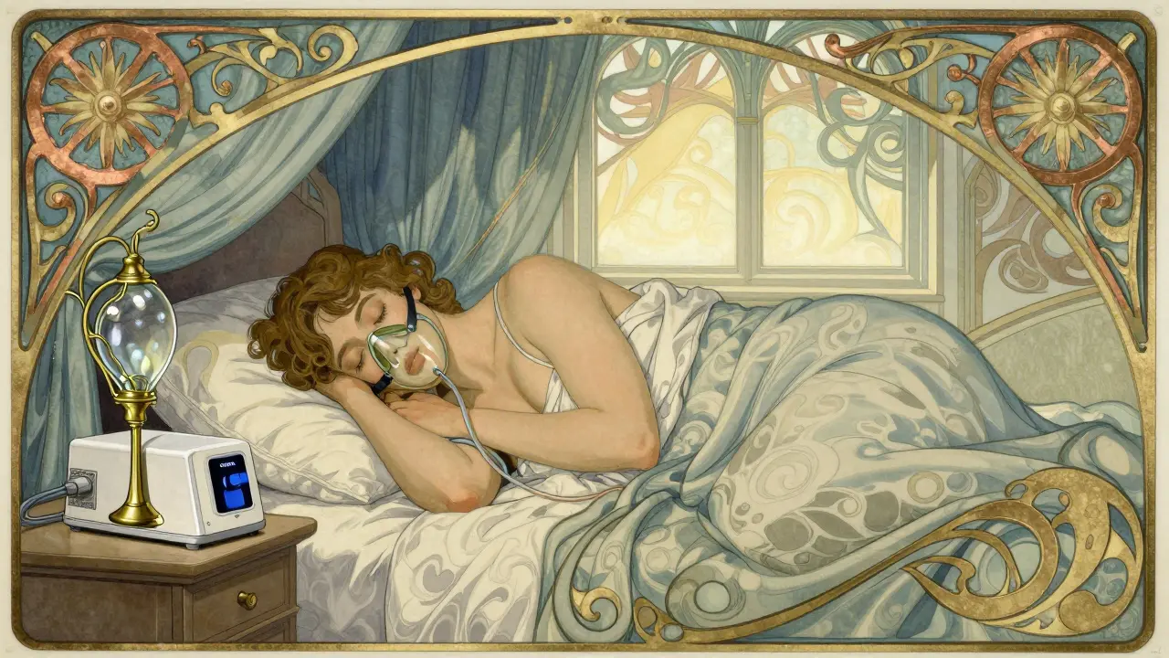 Elegant Art Nouveau scene of peaceful sleep with a stylized CPAP device.