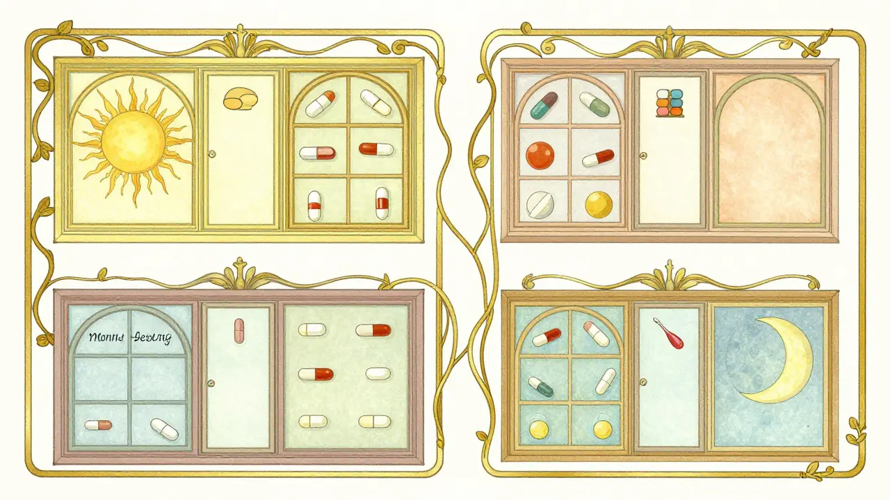 Four organized time slots for medication depicted in elegant Art Nouveau frames