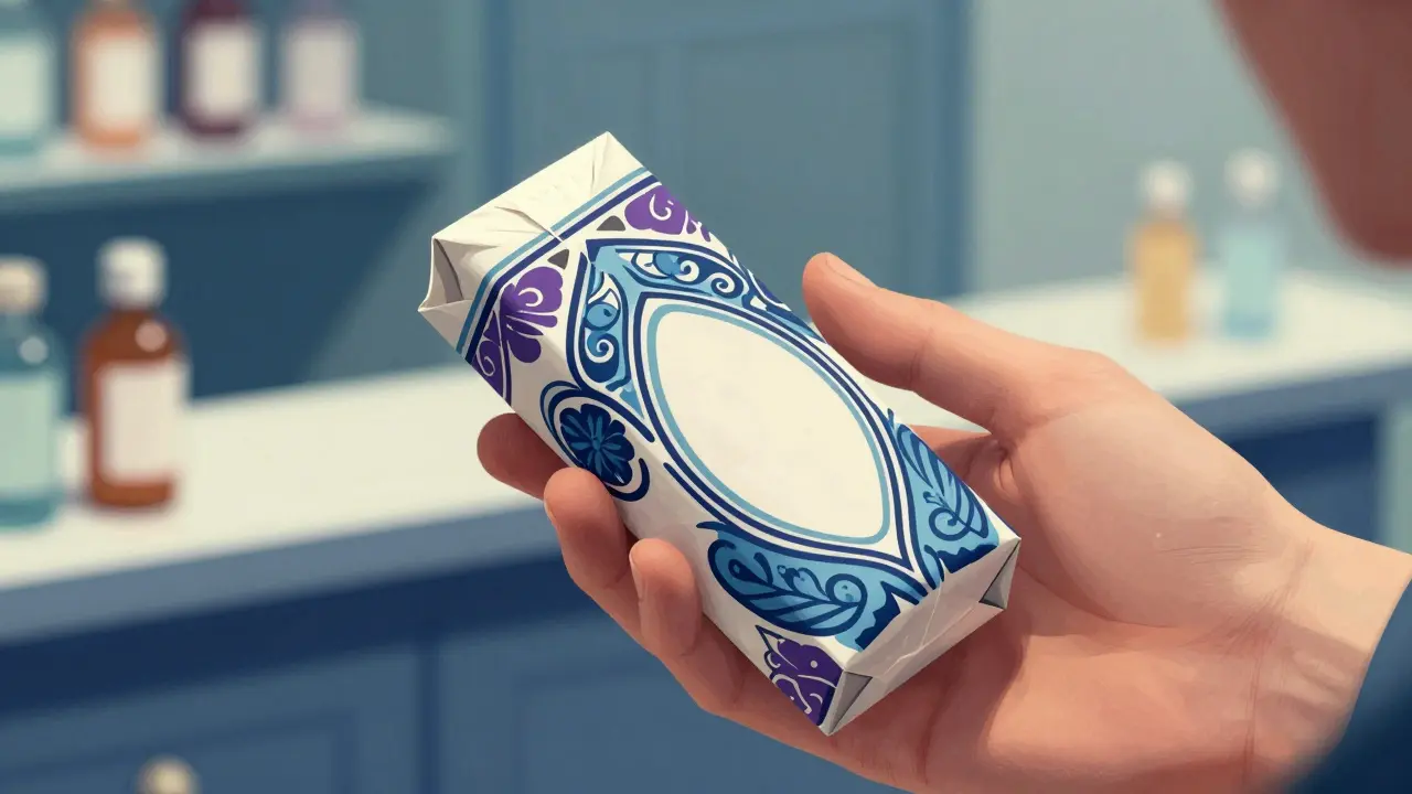 Hand holding medicine bottle with Art Nouveau floral design