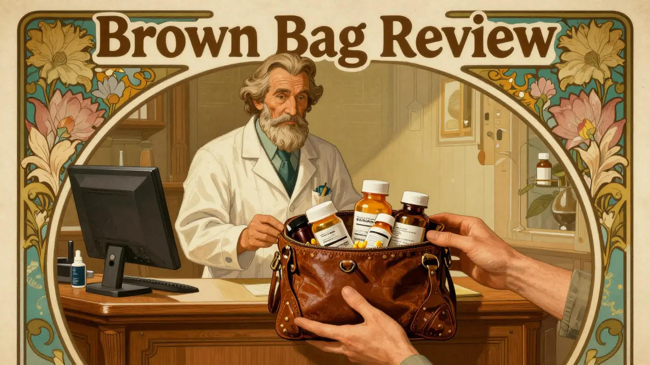 Patient handing bag of meds to pharmacist under decorative Art Nouveau arch