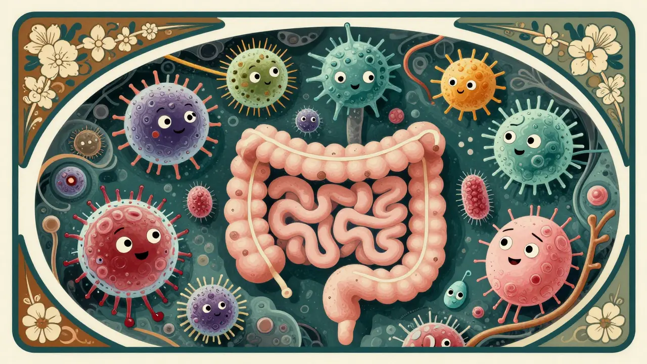 Stylized Art Nouveau depiction of gut bacteria and immune cells interacting