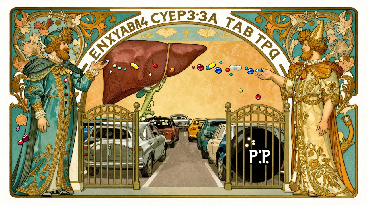 Stylized Art Nouveau depiction of liver enzymes and proteins regulating blood thinner levels.