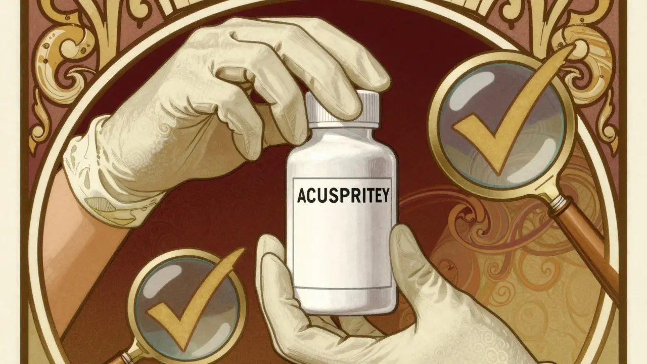 Stylized art nouveau image of pharmacist verifying medication label