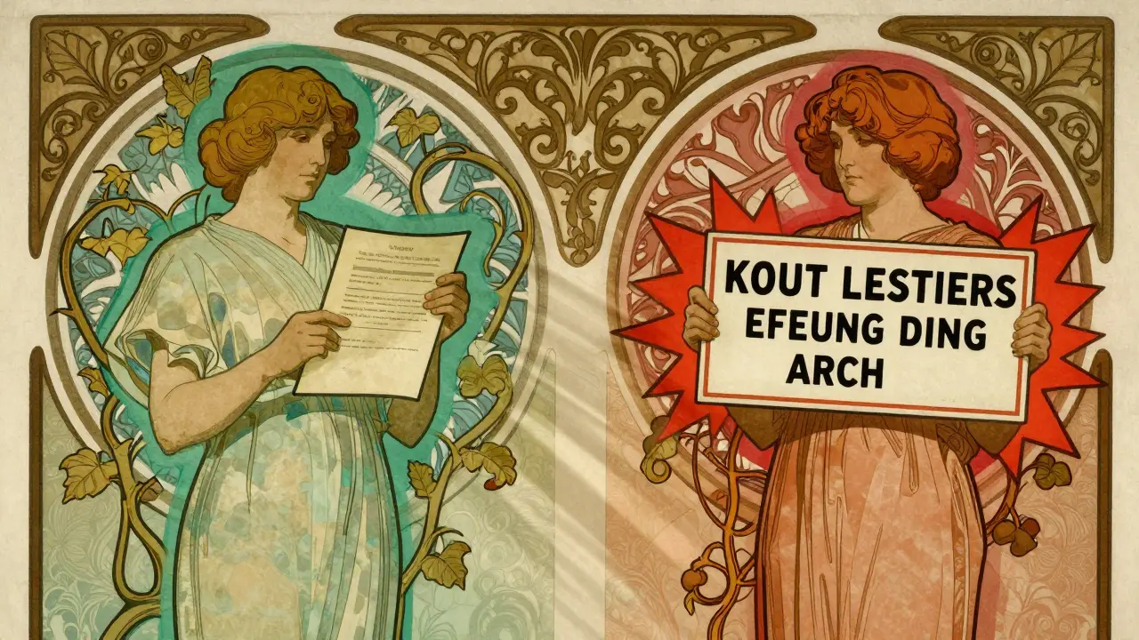 Stylized art nouveau poster showing two figures representing conflicting medical studies on drug interactions.