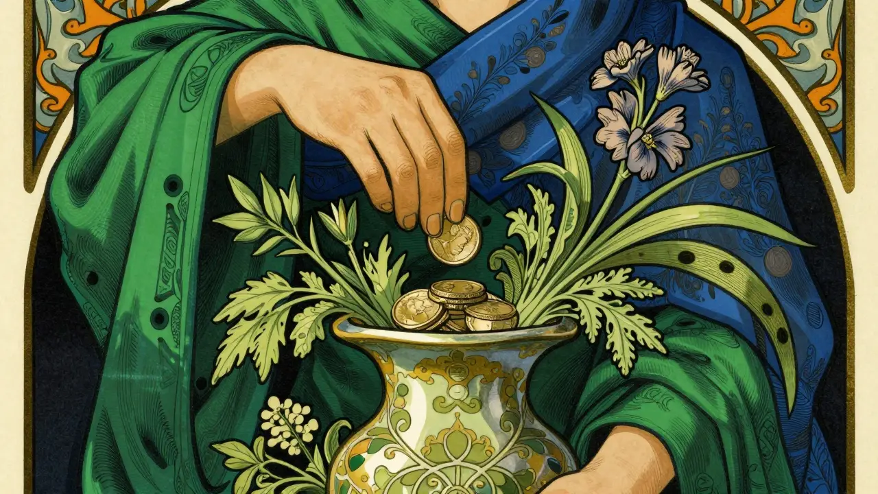 Stylized hand placing coin in herbal vase, Art Nouveau